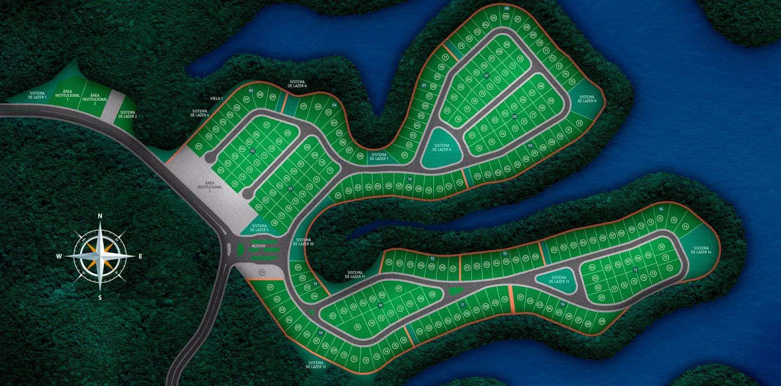 Mapa de implantação do Reserva Amary com lotes e áreas de lazer